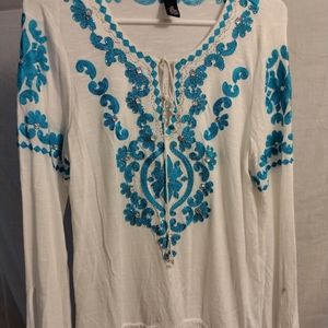 International Concepts Petite Bohemian Style Long Sleeve Blue,White Size Medium